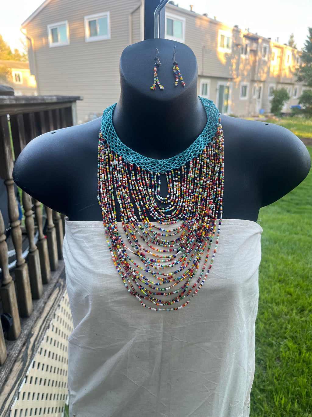African Blue and Multicolor Leather Beaded Necklace and Earring Set