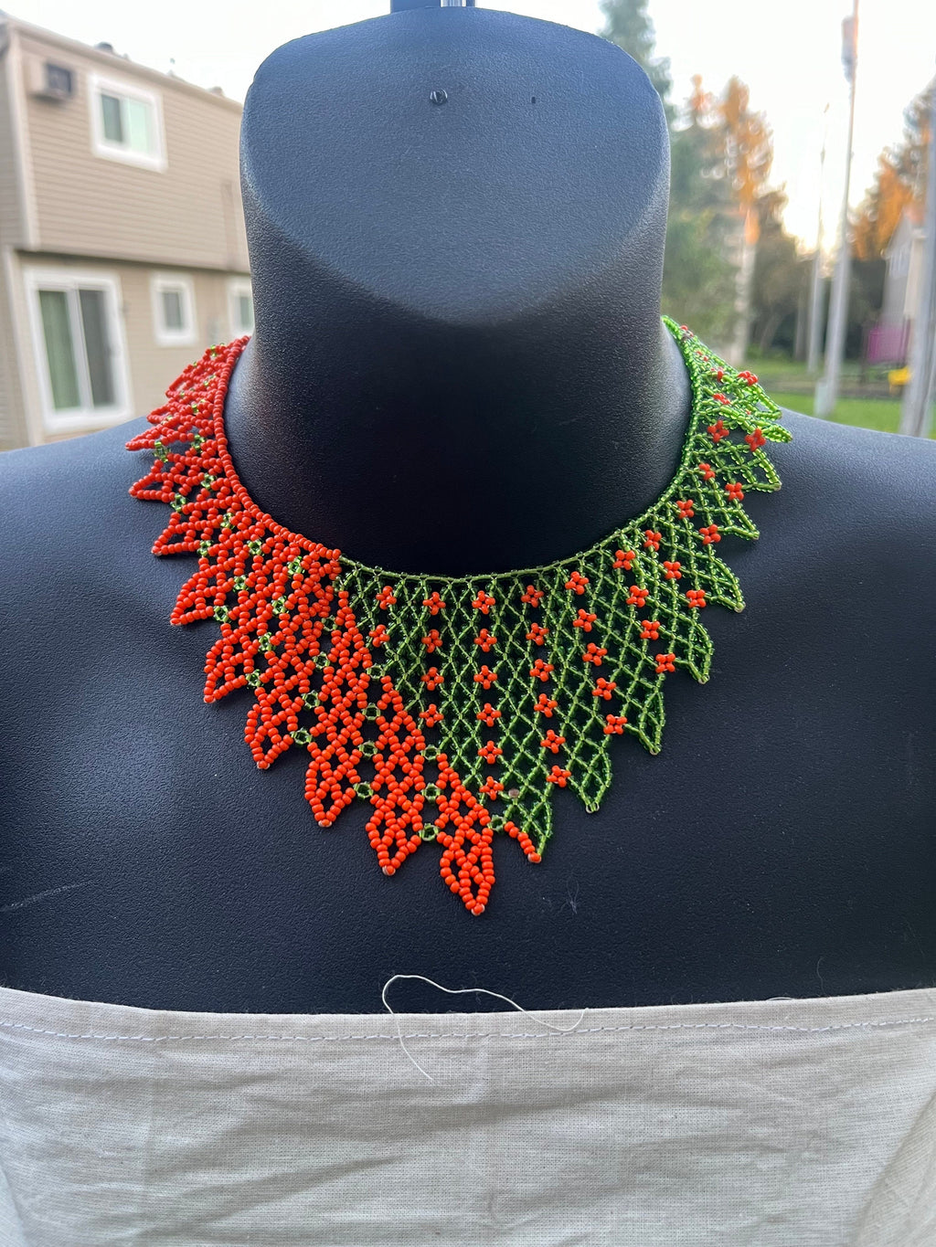 African Green and Orange Beaded Necklace