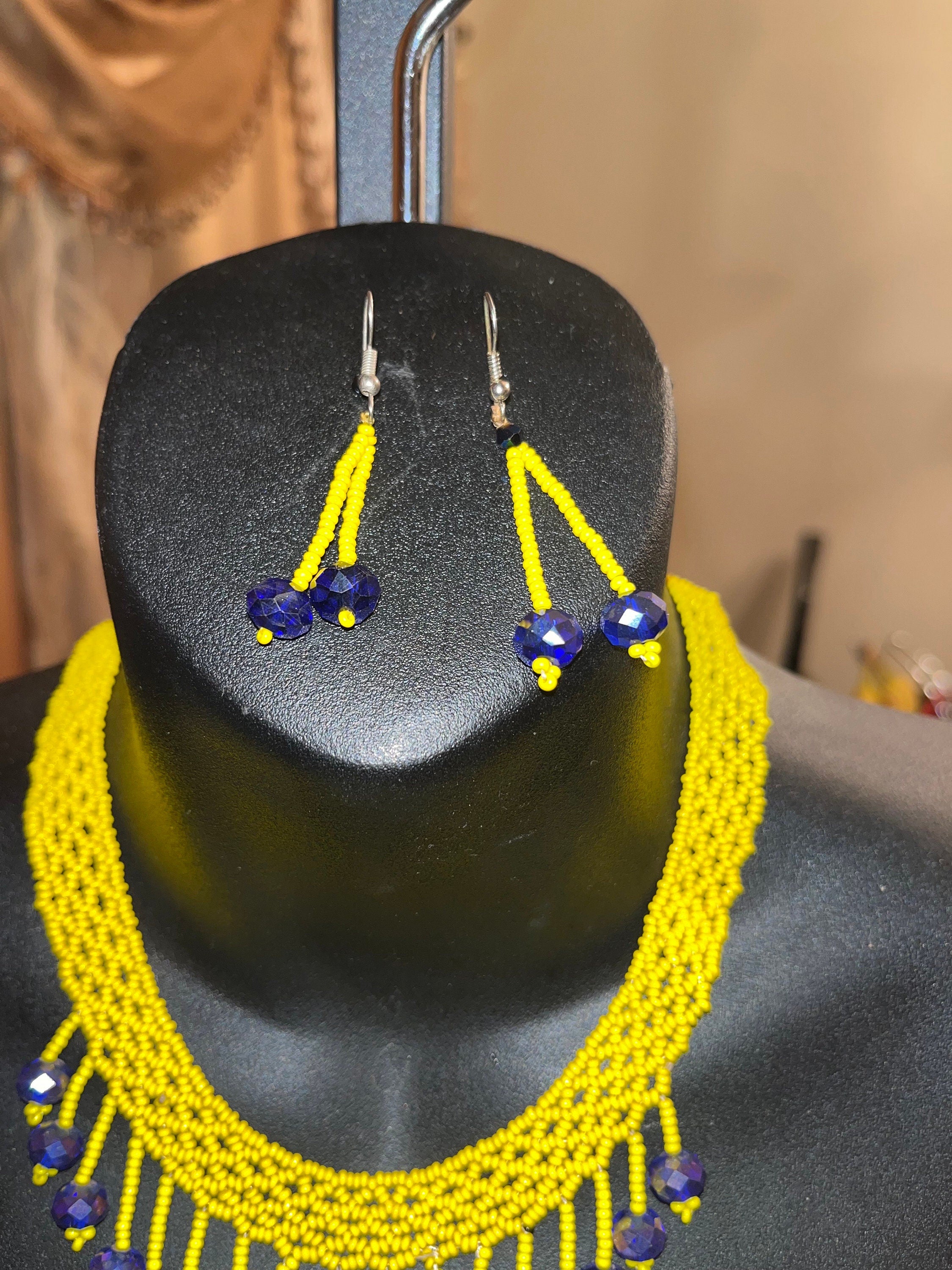 African Yellow and Blue Beaded Necklace and Earring Set