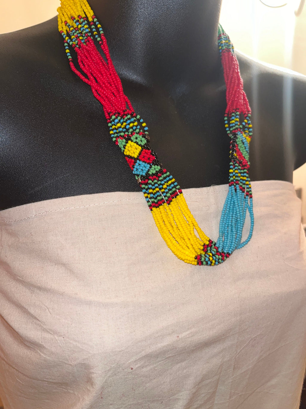 African Multicolor Twisted Beaded Necklace and Earring Set