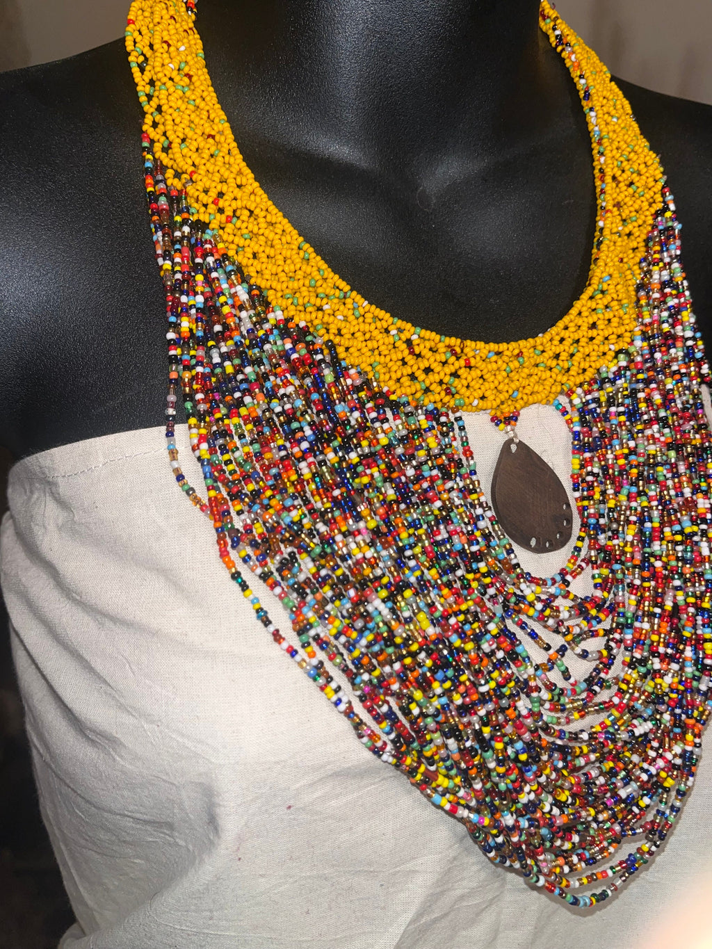 African Multicolor Beaded and Wooden Necklace and Earring Set