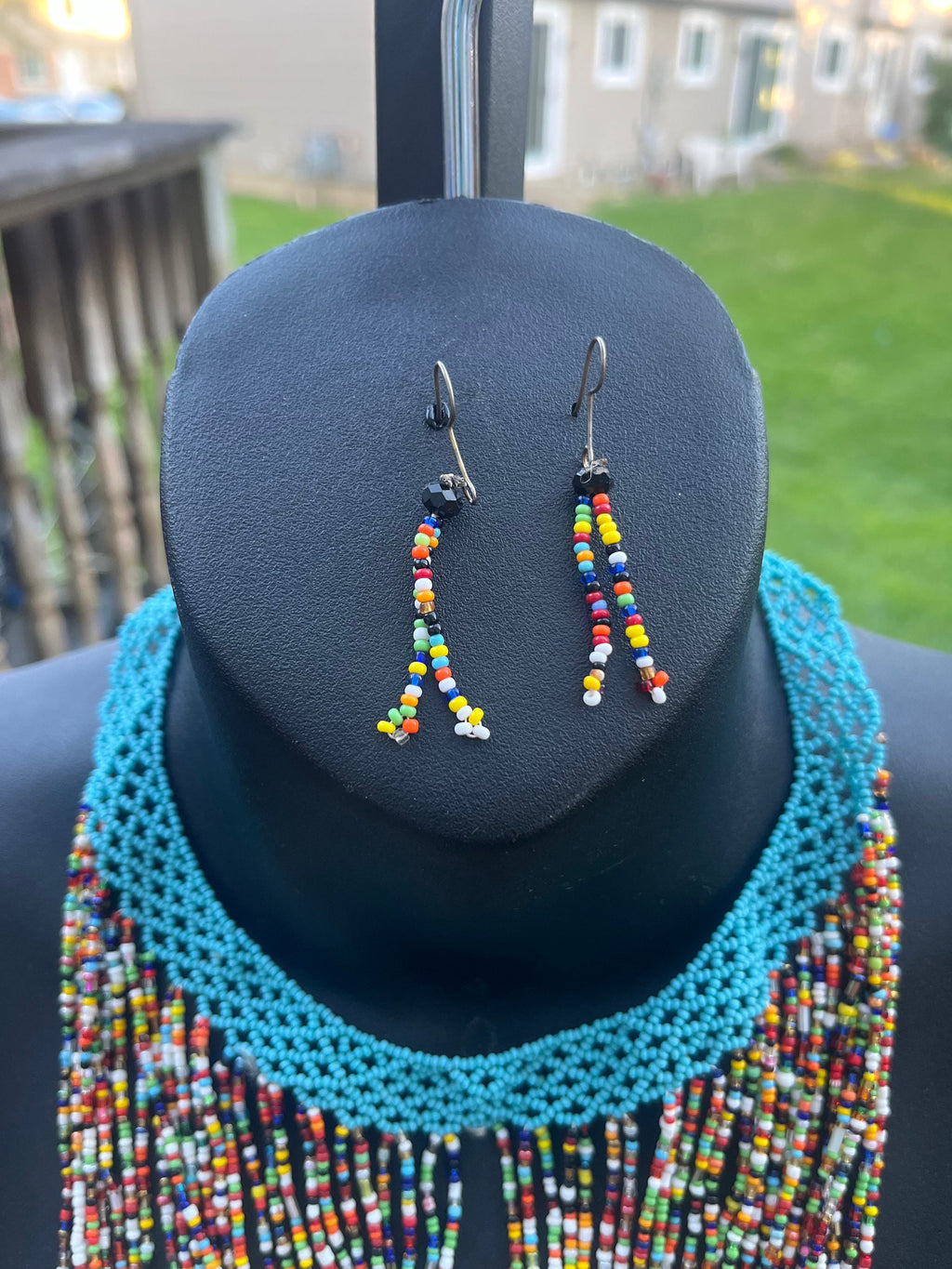 African Blue and Multicolor Leather Beaded Necklace and Earring Set