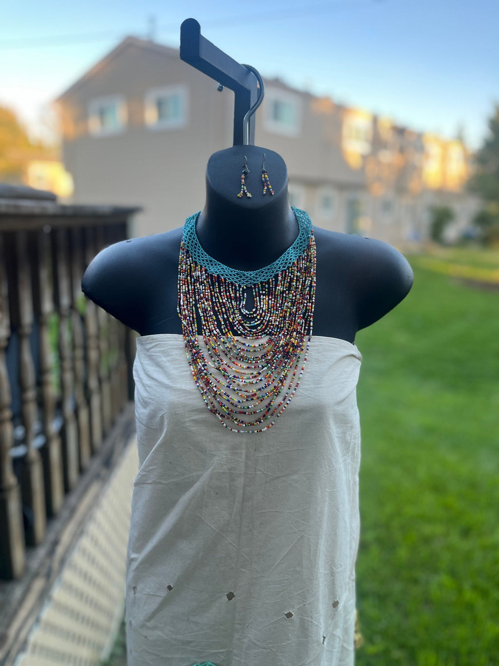 African Blue and Multicolor Leather Beaded Necklace and Earring Set