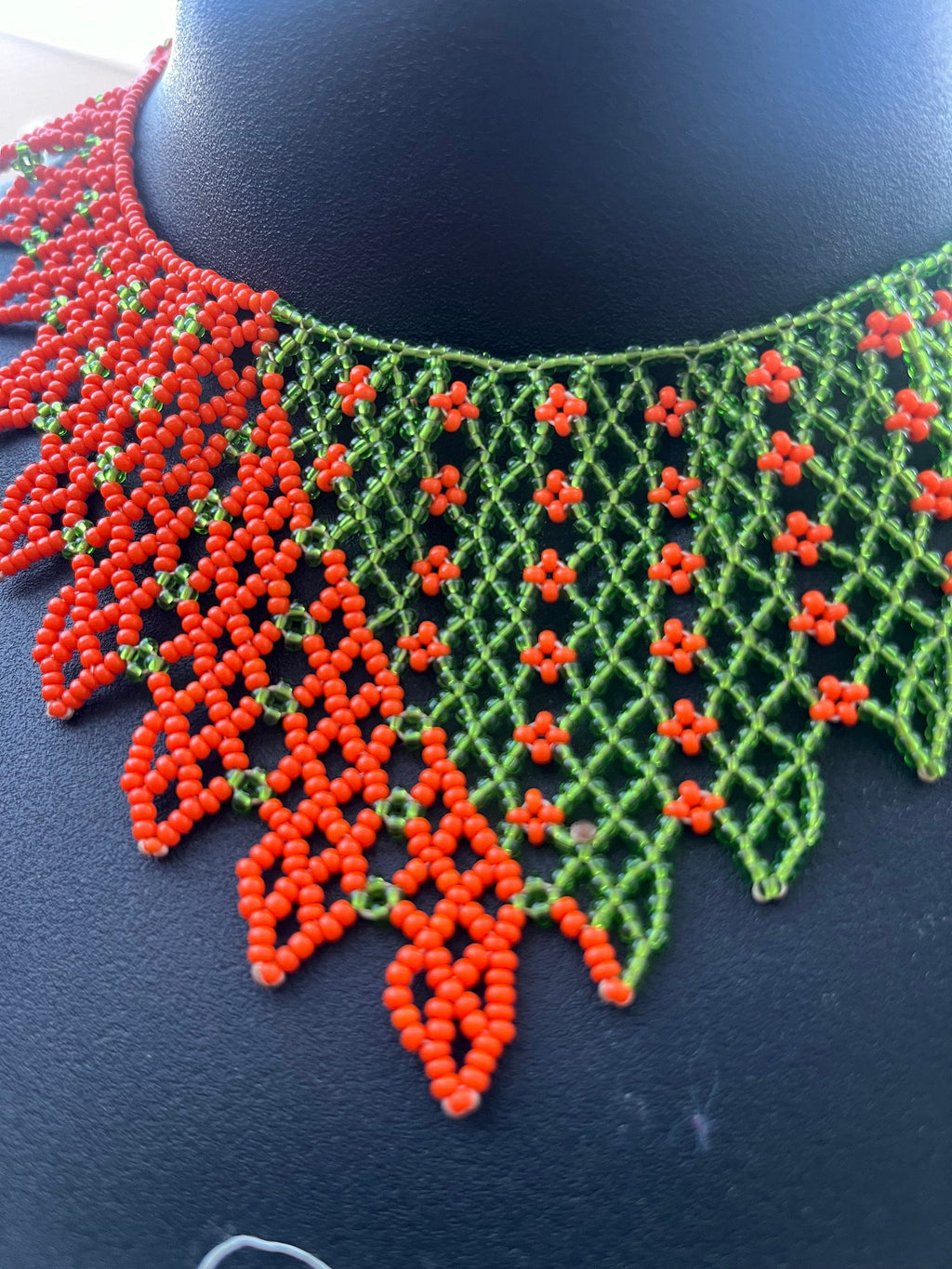 African Green and Orange Beaded Necklace