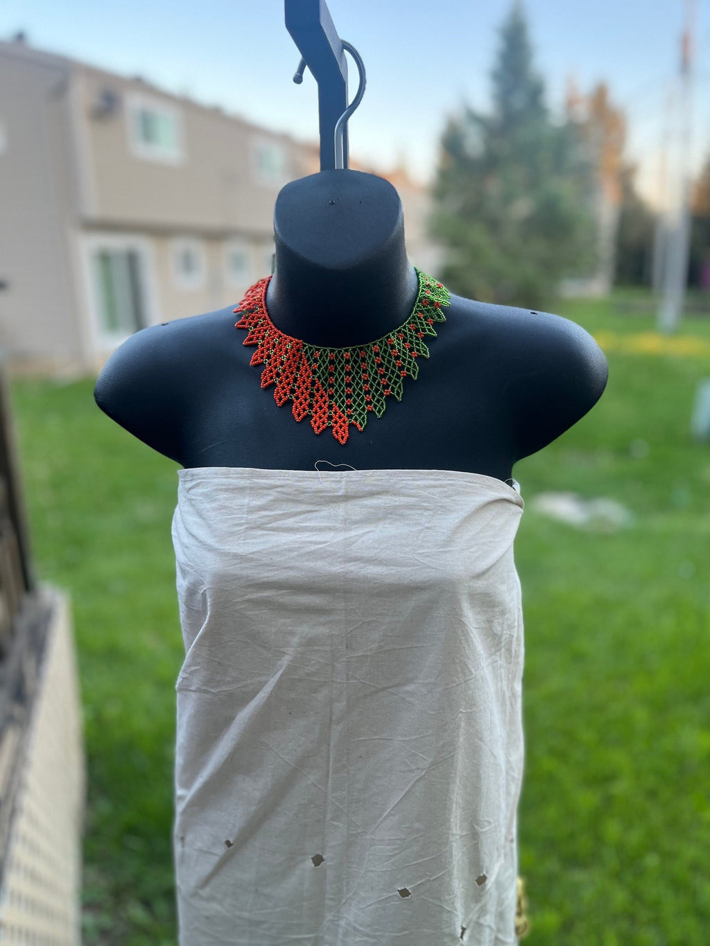 African Green and Orange Beaded Necklace